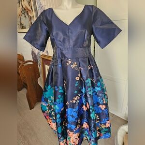 eShakti Navy Dupioni Floral Dress Pockets Sz 18 Runs Small Fits 14-16 *Photos